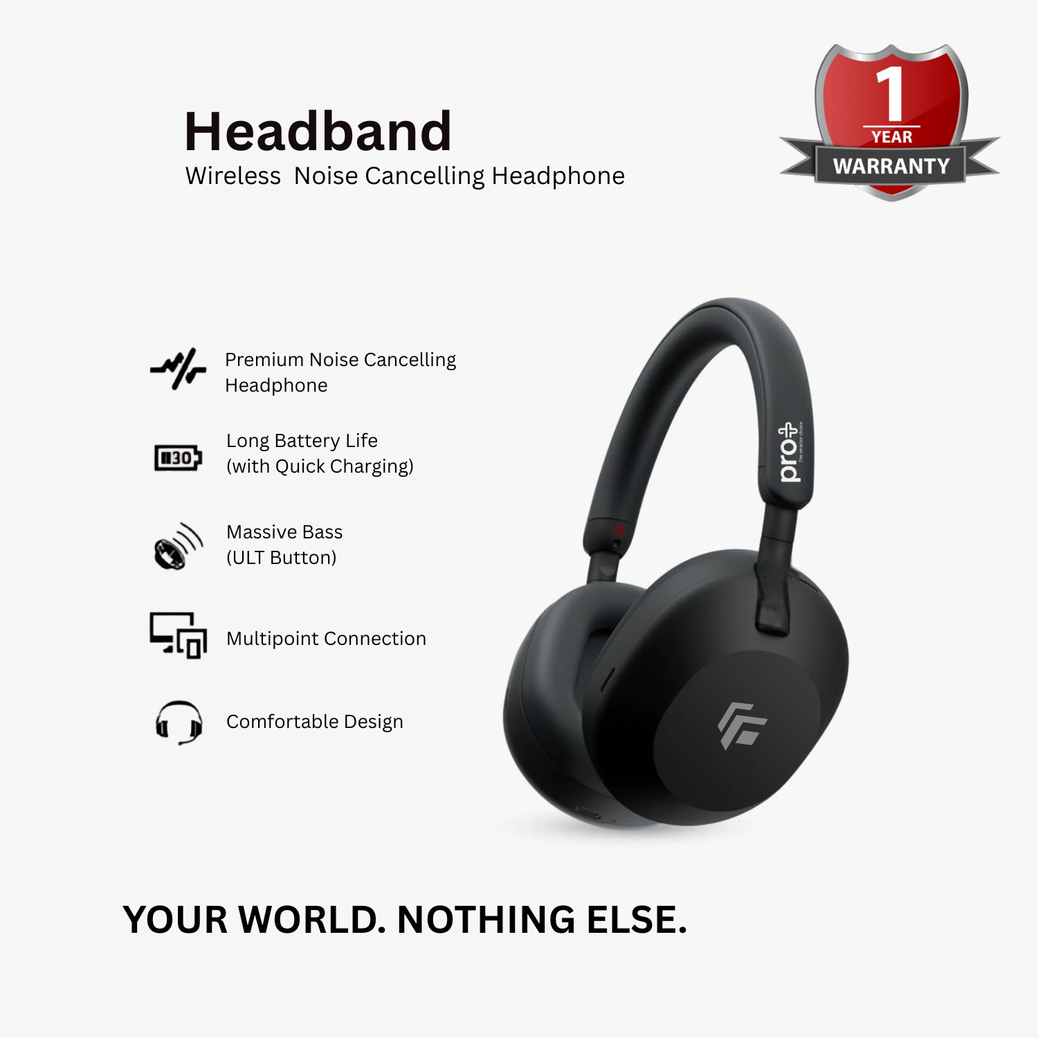 PRO PLUS A1 Best Active Noise Cancelling Wireless Bluetooth Over Ear Headphones with Mic for Clear Calling, up to 40 Hours Battery - BLACK