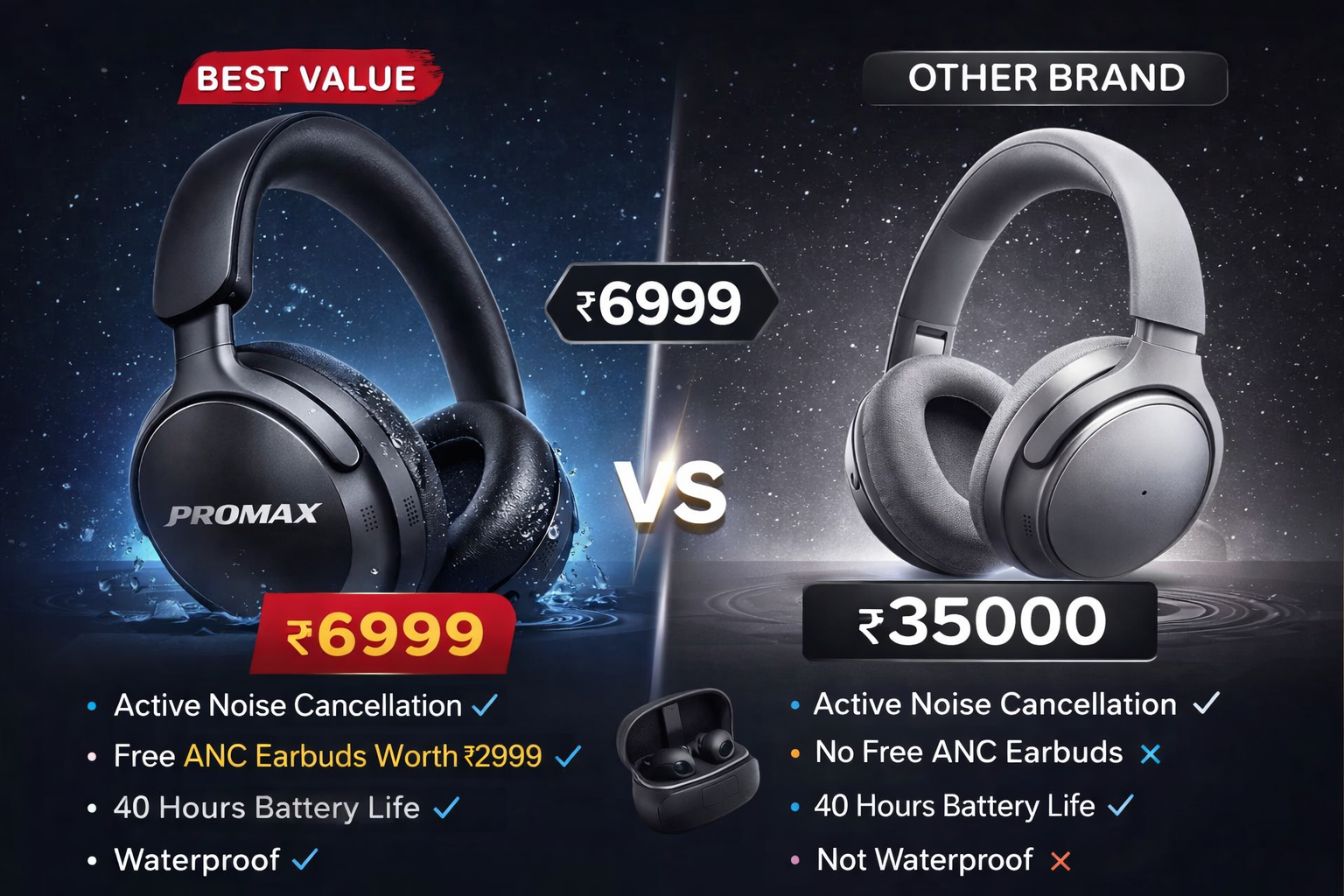 PROMAX ANC Headphones — Immersive Noise Cancellation, Alexa Voice Control, 40-Hour Battery & Complimentary ANC Earbuds