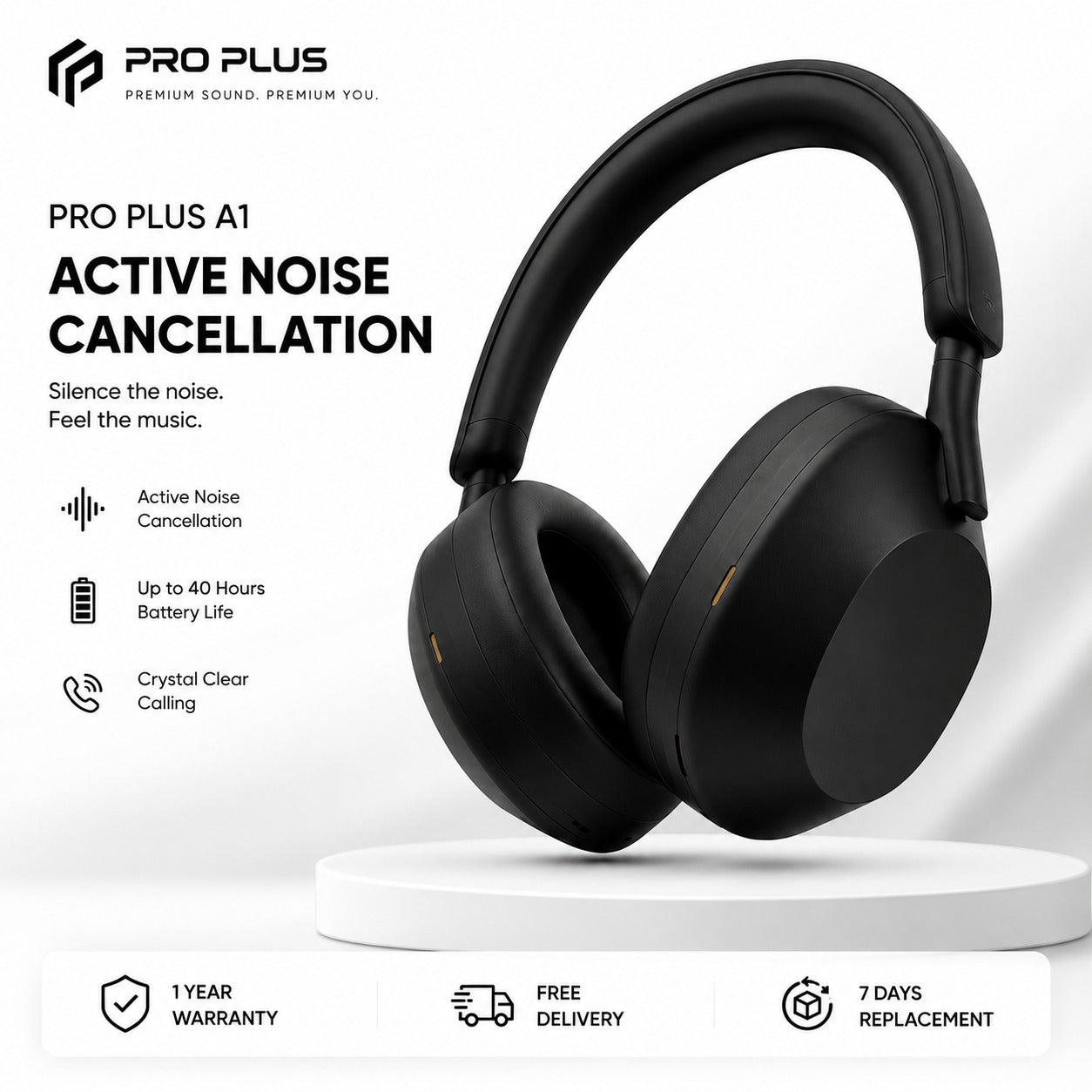 PRO PLUS A1 Active Noise Cancelling Wireless Bluetooth Over-Ear Headphones with Mic, Up to 40 Hours Battery, Black